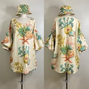 EXQUISITE CORAL SEA DRESS WITH PUFF SLEEVES & MATCHING BUCKET HAT LINEN/COTTON